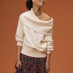 Anthropologie Slouchy Cowl Neck Knit Sweater in Bone White / Cream - Small